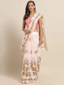 Saree mall Pink & Green Linen Blend Printed Saree