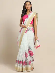 Saree mall Blue & Pink Linen Blend Printed Saree