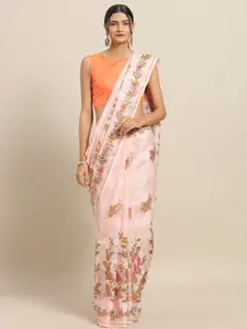 Saree mall Peach-Coloured & Orange Linen Blend Floral Printed Saree