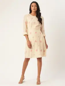 ROOTED Women Off-White Embroidered Fit and Flare Dress