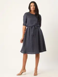 ROOTED Women Navy Blue Solid Fit and Flare Dress