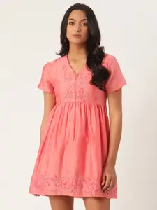 ROOTED Women Peach-Coloured Embroidered Fit and Flare Dress