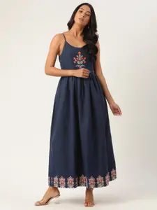 ROOTED Women Navy Blue Embroidered Maxi Dress