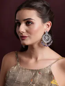 PANASH Blue & Silver-Toned Rhodium-Plated Handcrafted Kundan Classic Drop Earrings