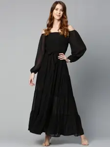 SASSAFRAS Black Semi Sheer Off-Shoulder Maxi Tiered Dress