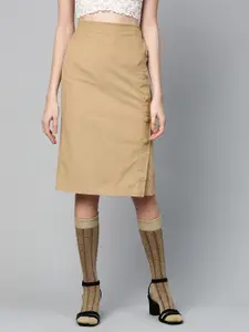 SASSAFRAS Women Beige Solid Corduroy A-Line Pure Cotton Skirt