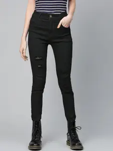 SASSAFRAS Women Black Slim Fit Mid-Rise Mildly Distressed Stretchable Jeans