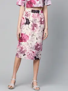 SASSAFRAS Off White & Pink Floral Printed Pencil Skirt