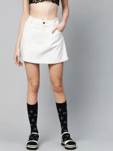 SASSAFRAS White Self-Striped Corduroy A-Line Mini Pure Cotton Skirt
