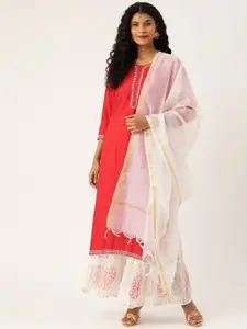 Prakrti Women Red & White Solid Kurta with Skirt & Dupatta