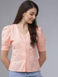 Tokyo Talkies Peach Embroidered Shirt Style Top