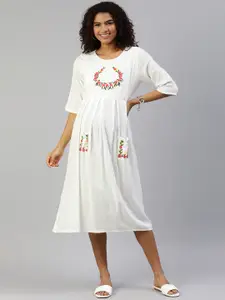 MomToBe Women White Embroidered A-Line Maternity Feeding Nursing Sustainable Dress