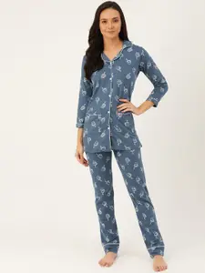 MBeautiful Women Navy Blue & White Quirky Print Night suit