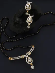 JEWELS GEHNA Black Gold-Plated AD-Studded Mangalsutra & Earrings Set