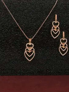 JEWELS GEHNA Rose Gold-Plated AD Studded Heart Shaped Pendant with Chain & Earrings