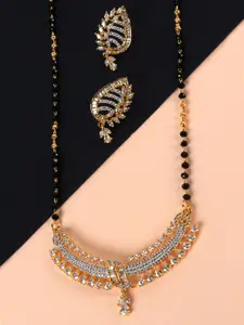 JEWELS GEHNA Black Gold-Plated AD-Studded & Beaded Mangalsutra & Earrings Set