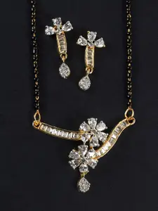 JEWELS GEHNA Black Gold-Plated AD-Studded Mangalsutra & Earrings Set