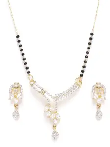 JEWELS GEHNA Black Gold-Plated AD-Studded & Beaded Mangalsutra & Earrings Set