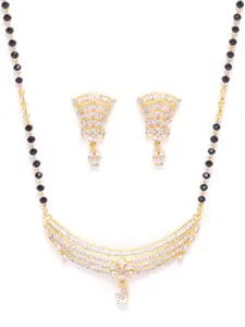JEWELS GEHNA Black Gold-Plated AD-Studded & Beaded Mangalsutra & Earrings Set