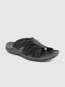 Clarks Men Black Leather Comfort Sandals with Thread-Work