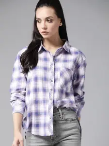 Roadster Women White & Purple Checked Pure Cotton Casual Shirt