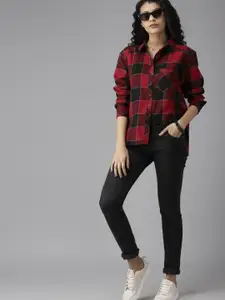 Roadster Women Red & Black Flannel Woven Regular Fit Checked High-Low Casual Shirt