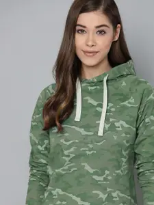 Harvard Women Green & Grey Camouflage Print Pure Cotton Hooded Sweatshirt