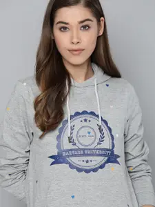Harvard Women Grey Melange & Blue Printed Hooded Sweatshirt