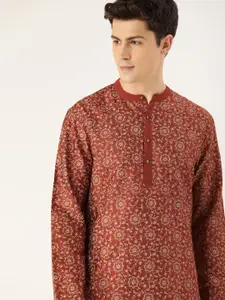 House of Pataudi Men Rust Red & White Printed Straight Kurta