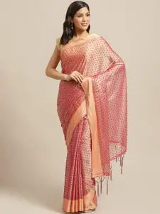 Saree mall Peach-Coloured & Red Dobby Weave Saree