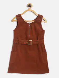 Cherry Crumble Girls Brown Solid A-Line Dress with Belt