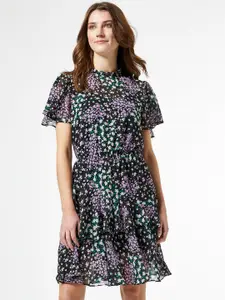 DOROTHY PERKINS Women Black & Purple Printed Semi Sheer A-line Dress