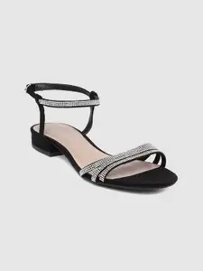 DOROTHY PERKINS Women Black & Silver-Toned Stone-Studded Open Toe Flats
