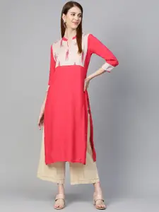 KSUT Women Coral Pink & Off-White Yoke Design Handloom Straight Kurta