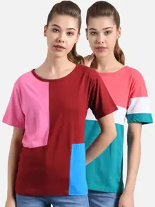 Kotty Women Multicoloured Pack of 2 Colourblocked Round Neck T-shirt