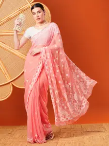 ADA Peach-Coloured & White Chikankari Hand Embroidered Handloom Saree