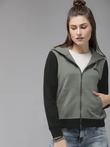 Roadster GreenTurn Women Grey & Black Solid Hooded Sustainable Sweatshirt