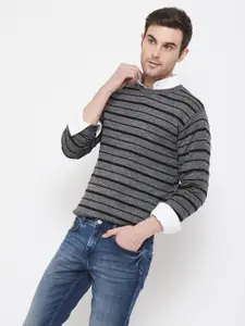 Crimsoune Club Men Grey & Black Striped Pullover Sweater