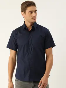 Hancock Men Navy Blue Slim Fit Solid Casual Shirt