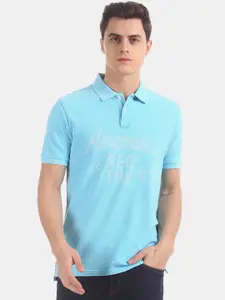 Aeropostale Men Turquoise Blue  White Brand Logo Print Polo Collar Pure Cotton T-shirt