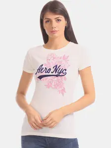Aeropostale Women White Printed Round Neck T-shirt