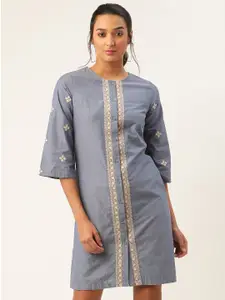 ROOTED Women Blue Embroidered A-Line Dress