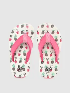 YK Girls Pink & White Plant Printed Thong Flip-Flops