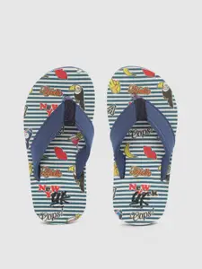 YK Girls Navy Blue & White Striped Thong Flip-Flops with Conversational Print Detail