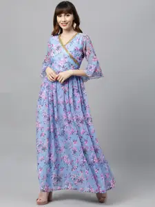 Ethnovog Women Blue  Pink Printed Made To Measure Maxi Dress with Embellishment