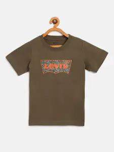 Levis Boys Olive Green Brand Logo Print Round Neck T-shirt