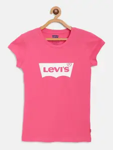 Levis Girls Pink Brand Logo Print Round Neck T-shirt