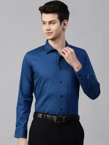 DENNISON Men Teal Blue Smart Slim Fit Solid Twill Weave Formal Shirt