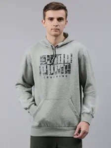 Puma Men Grey Melange & Black Printed Hooded Sweatshirt