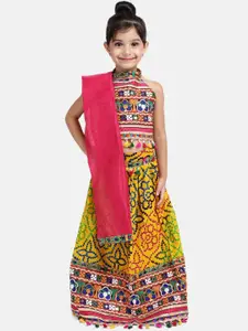BownBee Girls Yellow & Pink Embroidered Ready to Wear Lehenga & Blouse with Dupatta